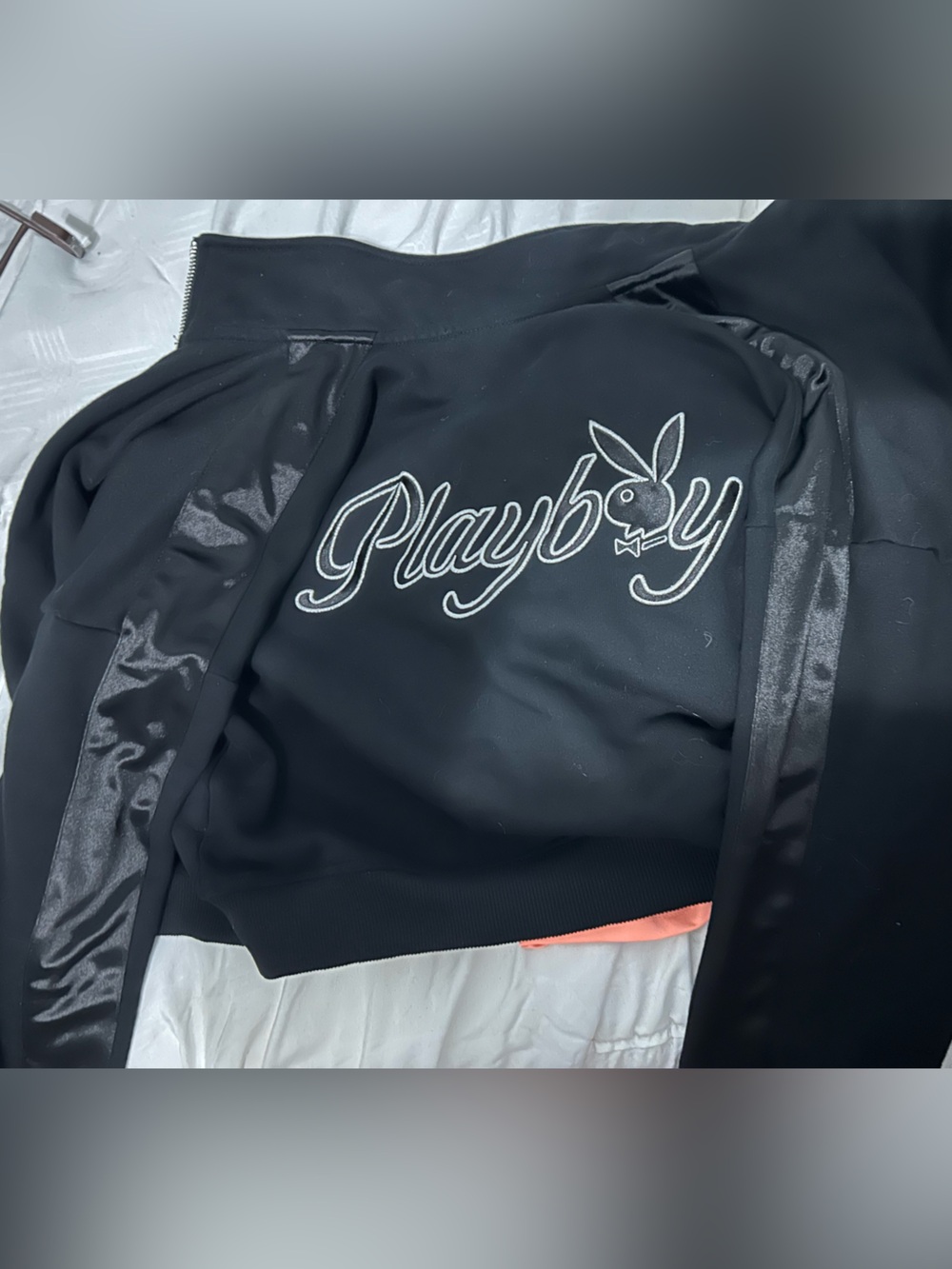 PLAYBOY Black Satin-Panel Zip Hoodie with Bunny Logo